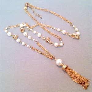 Vintage Gold Tone Faux Pearl Station Tassel Necklace *